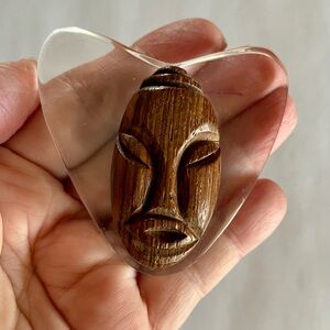 Vintage Elzac Victim of Hollywood Face Brooch Wood And Lucite